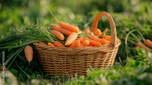 A wicker basket overflowing with freshly harvested carrots sits on a bed of green grass on a sunny day. The bright orange carrots and lush greenery create a vibrant and inviting scene.
