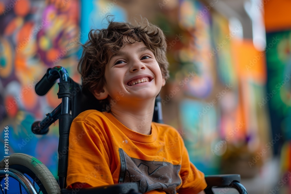 Obraz premium Autistic child smiling in a wheelchair, overlooking the art class
