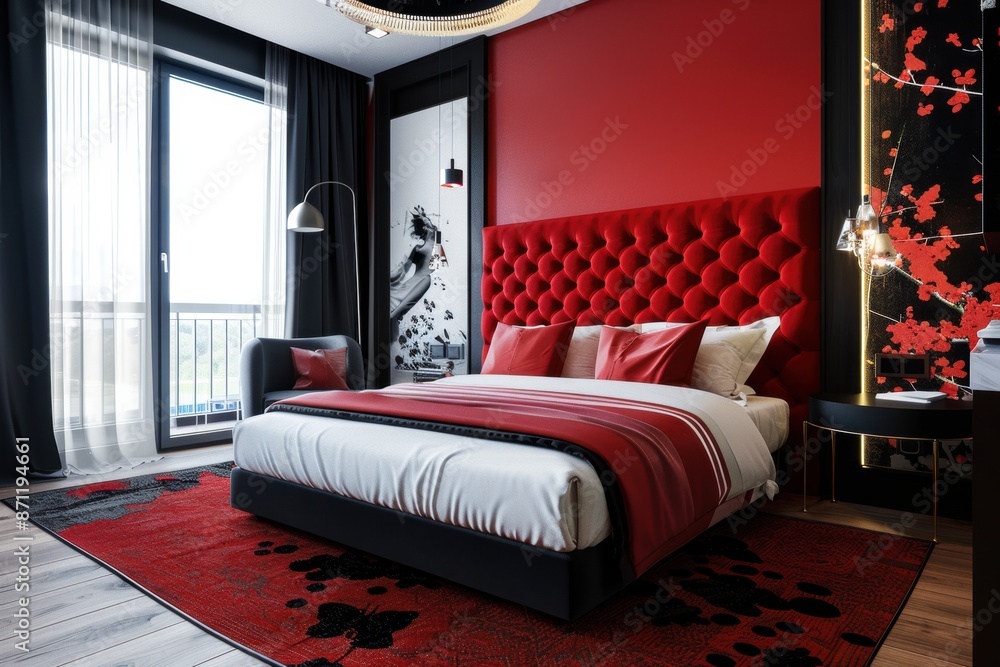 Stylish Red and Black Bedroom with Modern Design. Generative AI. Stylish Red and Black Bedroom with Modern Design. Generative AI.