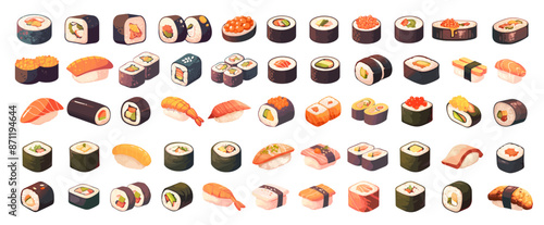 Cartoon sushi rolls set. Japanese fast food with raw fish nori rice shrimp, japan nigiri vector illustration
