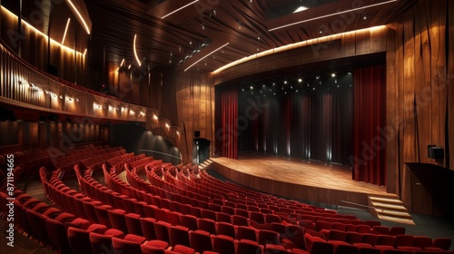 Theater scene interior with balconies and seats. Classic theater stage with a red curtain