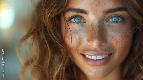 A photorealistic image of a woman with freckles and blue eyes smiling. Her brown hair is slightly wavy and she has a warm, friendly expression.