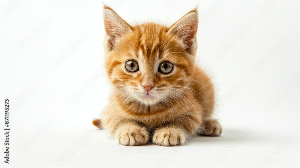 Obraz premium Curious orange kitten with big eyes lying on white background. Cute tabby cat looking directly at the camera. Perfect image for pet lovers, animal-themed blogs, and stock photo websites. AI