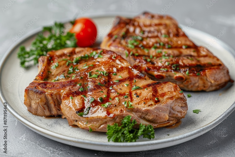 Grilled pork steak on gray background High quality image Grilled pork steak on gray background High quality image
