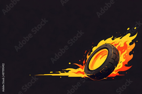 A tire in fire flames with copy space. Flaming tire background.