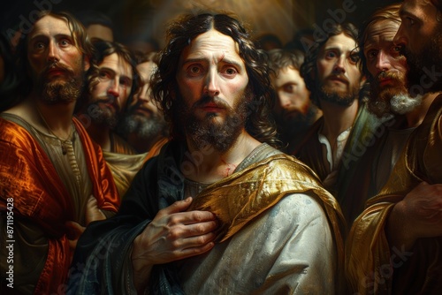 Sacred depiction: portrait of Jesus Christ with his 12 apostles, bond of faith and discipleship, spiritual connection and shared mission of followers with their revered teacher