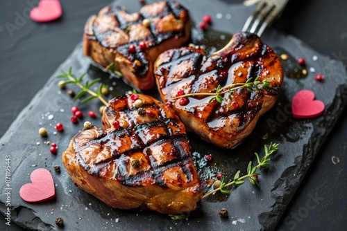 Heart shaped pork steak on stone background for Valentine s Day photo