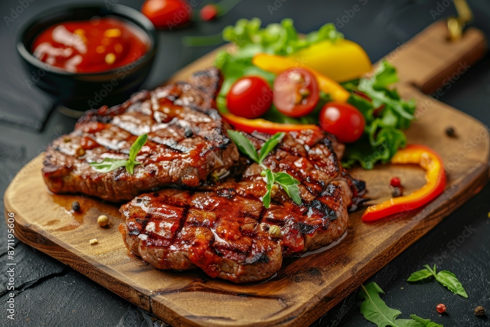 Grilled pork with mixed vegetables spices and salad on stone background Thai favorite dish with spicy dip Homemade and delicious