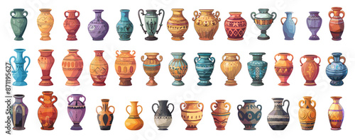Cartoon vases and amphoras set. Ancient greek pottery, clay pots jars, ceramic amphorae vector illustration