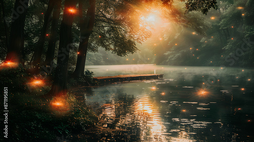 Etangs avec ponton et lucioles dans la forêt au coucher du soleil photo