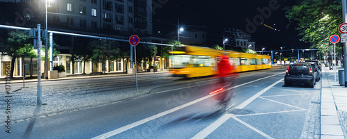 Fotografija Scenic Dresden cityscape yellow tram crossing Carola bridge Elbe river Saxony State Chancellery Government Office background