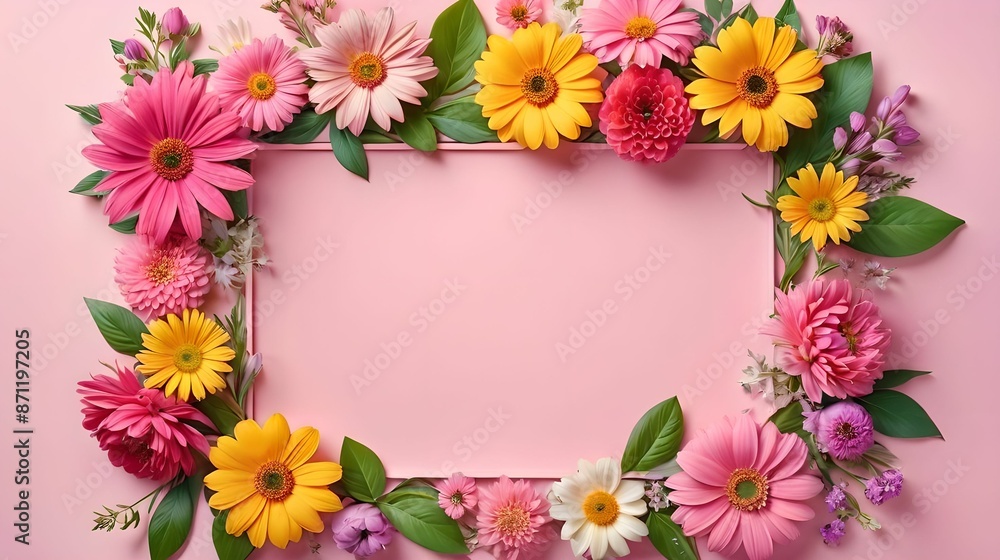 Banner, flowers on a pink background. Blank space for text, empty space. Banner, flowers on a pink background. Blank space for text, empty space.