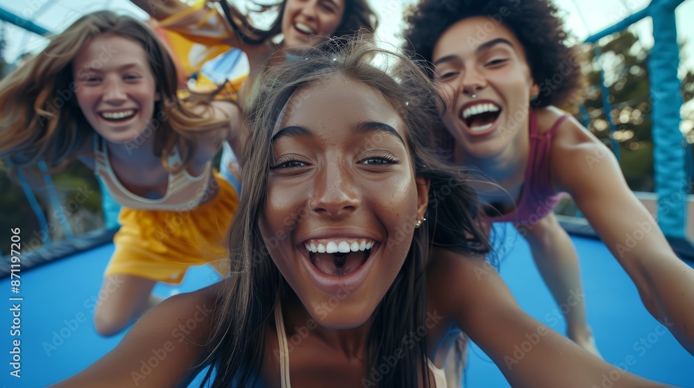 A group of friends having a blast on a trampoline, their faces beaming with excitement A group of friends having a blast on a trampoline, their faces beaming with excitement