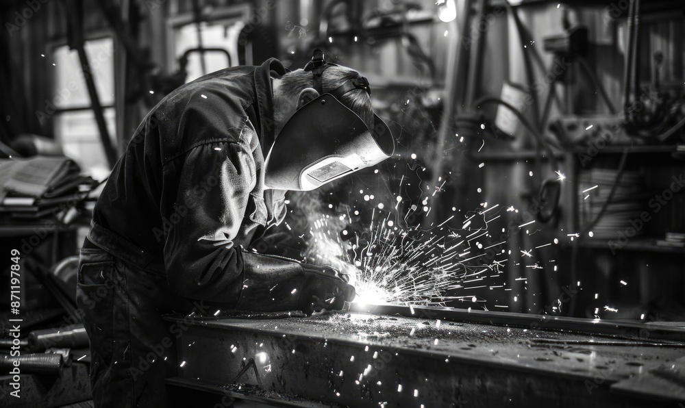 Monochrome Landscape of Welding in a Metalworking Workshop Monochrome Landscape of Welding in a Metalworking Workshop