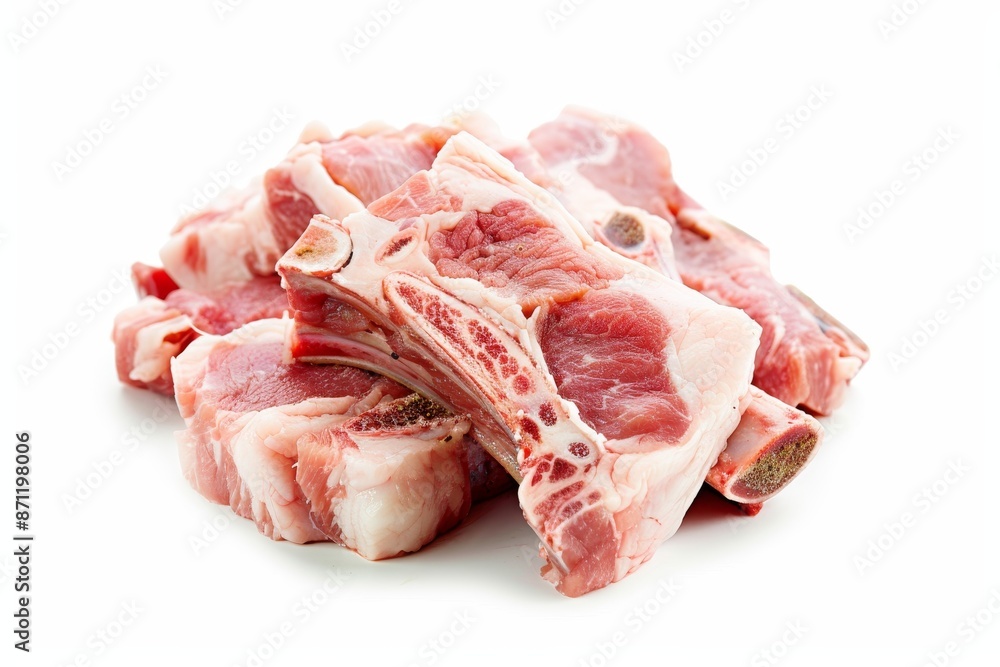 High resolution image of raw pork with bones on white background High resolution image of raw pork with bones on white background