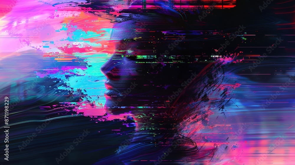 Naklejka premium Glitching Pixels: Vibrant Neon Digital Art with Distorted Effects