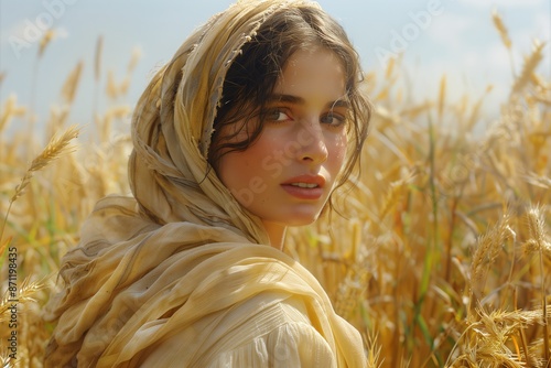 Realistic Portrayal of Ruth Gleaning in Boaz's Field photo