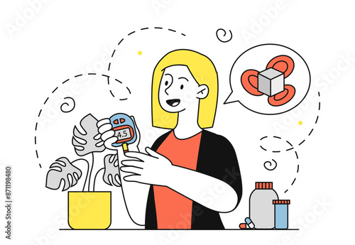Woman with diabetes concept. Young girl with high blood sugar and insulin levels. Person with blood glucose meter. Diagnosis and treatment. Health care and medicine. Linear flat vector illustration