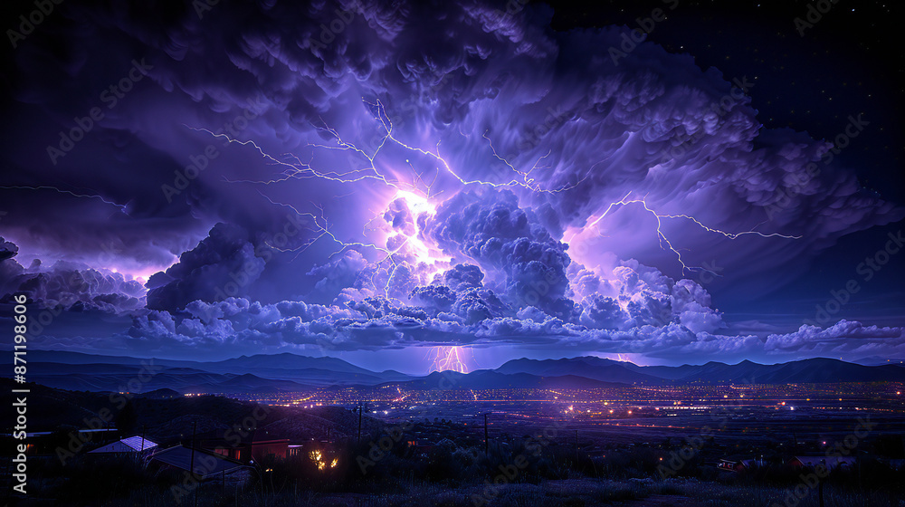 A dramatic thunderstorm with lightning bolts striking in the sky over suburban houses, creating an intense and powerful scene. The clouds form intricate patterns above. A dramatic thunderstorm with lightning bolts striking in the sky over suburban houses, creating an intense and powerful scene. The clouds form intricate patterns above.
