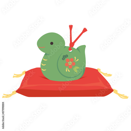 赤座布団に巳の置物（緑）のイラスト