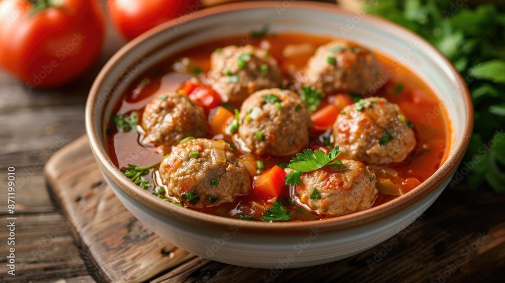 Soup in a bowl with meatballs and veggies Soup in a bowl with meatballs and veggies