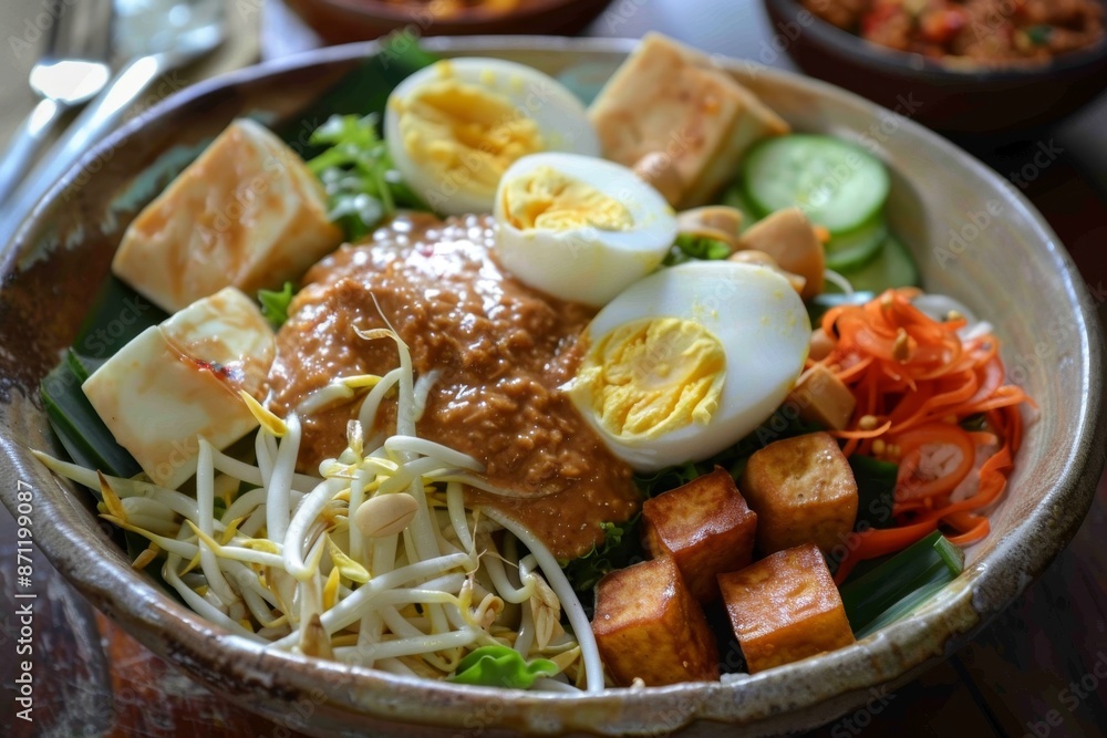 Indonesian salad with vegetables eggs tofu and tempeh in peanut sauce Indonesian salad with vegetables eggs tofu and tempeh in peanut sauce