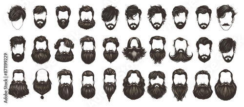 Sketch beards and mustaches set. Vintage handsome man black facial hair style for barber vector illustration