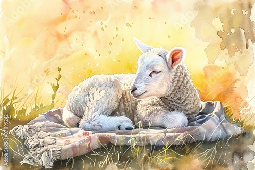 watercolor adorable white baby lamb laying on cozy blanket in golden field