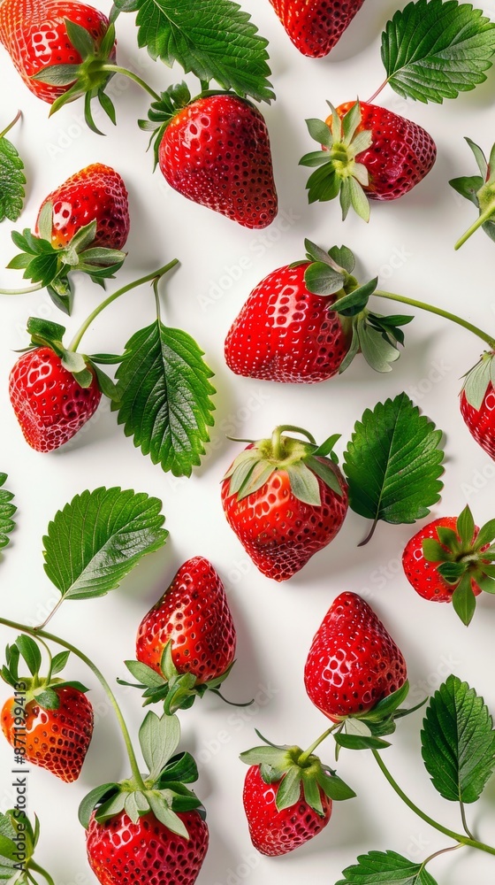 Fresh strawberries and green leaves on white background, top view. Organic food and healthy eating concept Fresh strawberries and green leaves on white background, top view. Organic food and healthy eating concept