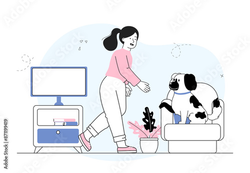 Dog gives paw. Woman trains her pet. Happy owner with friendly domestic animal. Trainer give command for puppy. Comfort at home. Linear vector illustration