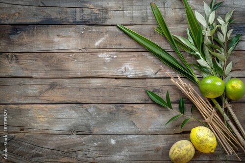 Jewish fall festival symbols on wooden background lulav etrog palm branch myrtle willow photo