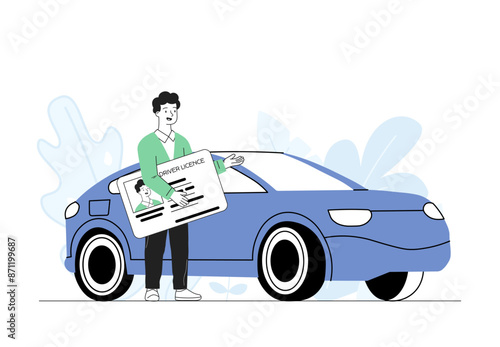 Man with driver licence. Young guy with large document near automobile. Permission for driving. Driver with ID card near transport. Linear vector illustration