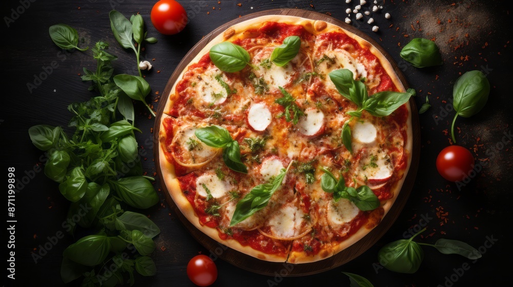 Pizza mozzarella tomatoes and basil leaf with dark background Pizza mozzarella tomatoes and basil leaf with dark background