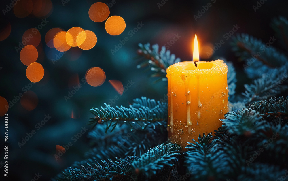 A single candle sits atop a bed of green evergreen branches, with a soft glow and bokeh lights in the background A single candle sits atop a bed of green evergreen branches, with a soft glow and bokeh lights in the background