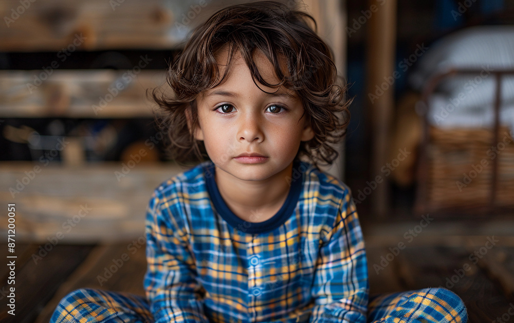 A young boy with dark hair and brown eyes is sitting on a wooden floor. He is wearing blue plaid pajamas and looking directly at the camera A young boy with dark hair and brown eyes is sitting on a wooden floor. He is wearing blue plaid pajamas and looking directly at the camera