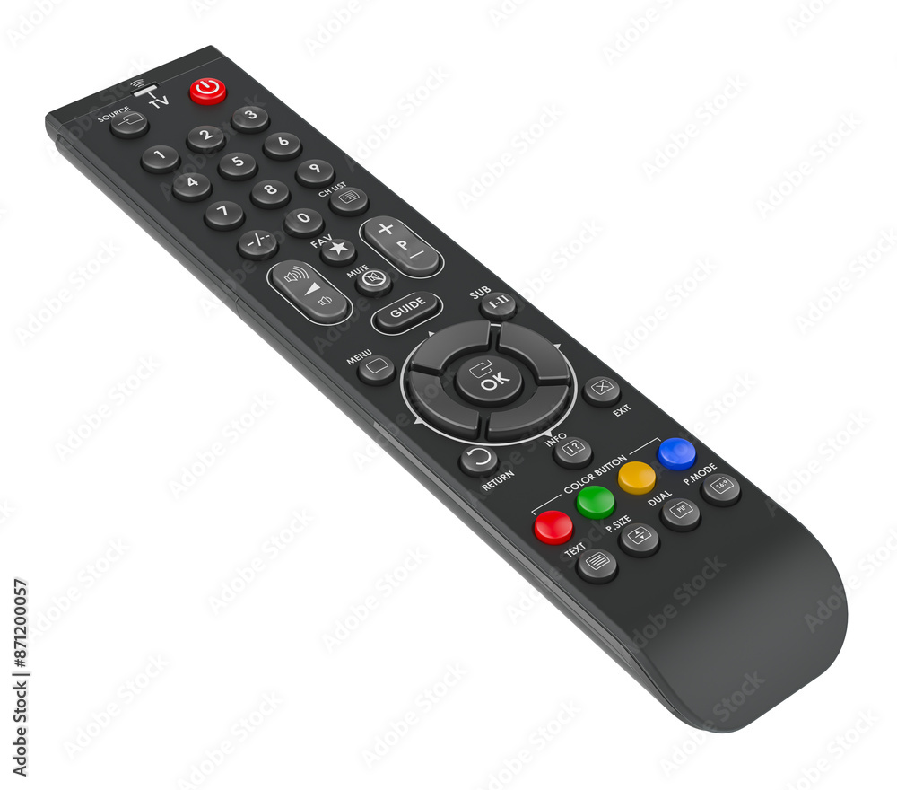 TV remote control, 3D rendering isolated on transparent background TV remote control, 3D rendering isolated on transparent background