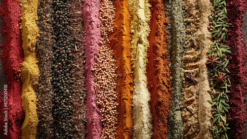 A beautiful array of vibrant spices and herbs seen from above, displaying a variety of rich textures and colors. AIG53M photo