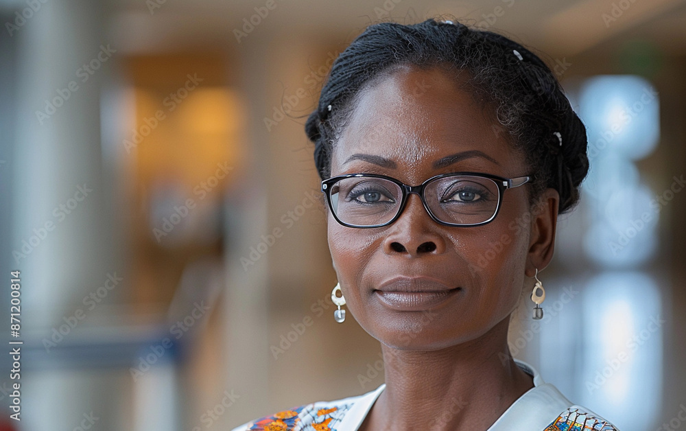 A close-up portrait of a middle-aged African descent woman wearing glasses. She is looking directly at the camera with a serious expression A close-up portrait of a middle-aged African descent woman wearing glasses. She is looking directly at the camera with a serious expression