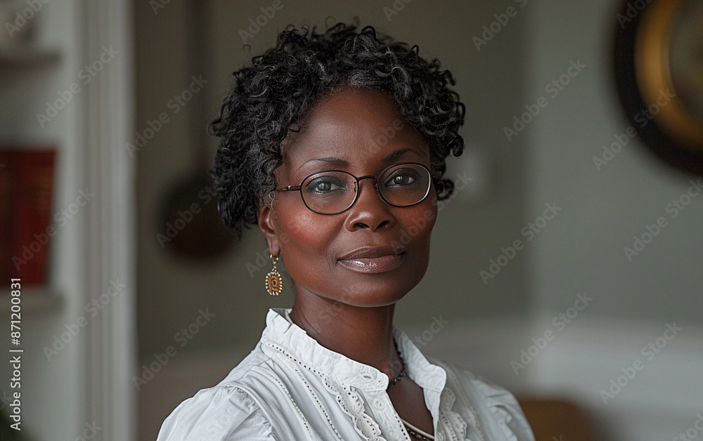 A portrait of a middle-aged African descent woman wearing glasses and a white shirt, looking directly at the camera A portrait of a middle-aged African descent woman wearing glasses and a white shirt, looking directly at the camera