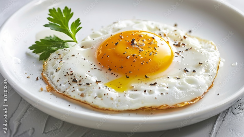 Fried egg with parsley garnish on white plate, close-up. Breakfast and healthy eating concept Fried egg with parsley garnish on white plate, close-up. Breakfast and healthy eating concept