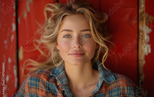 Free Download A close-up portrait of a young woman with blonde hair and blue eyes, leaning against a red wall. She is wearing a plaid shirt and has a soft smile on her face - GFXLoad