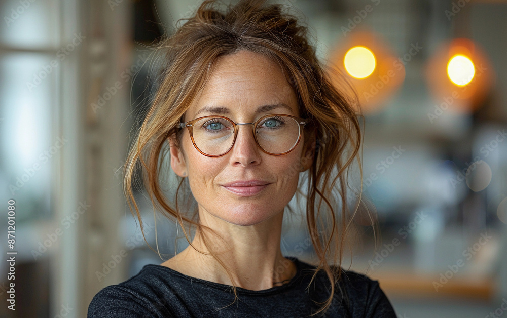 Close-up portrait of a woman wearing glasses, looking directly at the camera with a subtle smile. Soft, warm lighting illuminates her face, creating a warm and inviting atmosphere