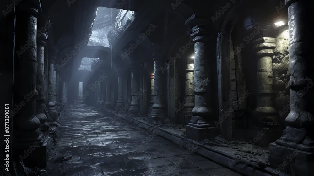 Dungeon corridor beckons with shadowed mysteries ahead. Fantasy wallpaper Dungeon corridor beckons with shadowed mysteries ahead. Fantasy wallpaper