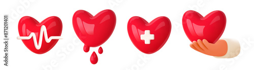 3d medical icon. Health care and medicine. Hand give heart, cardio heart, donate or volunteer concept, blood drop with cross. Vector cartoon red elements for medical design projects and mobile apps