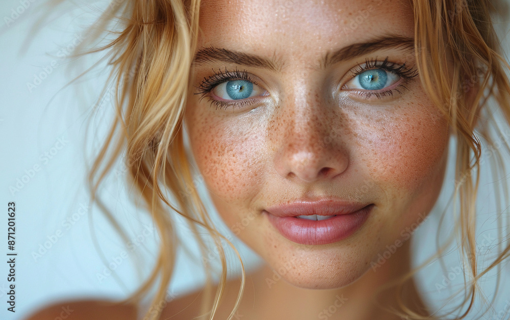 A close-up portrait of a young woman with blonde hair and blue eyes, captured in natural light A close-up portrait of a young woman with blonde hair and blue eyes, captured in natural light