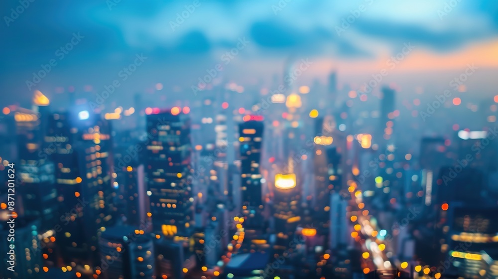 Fototapeta premium Dynamic Blurred Cityscape at Dusk with Illuminated Skyscrapers