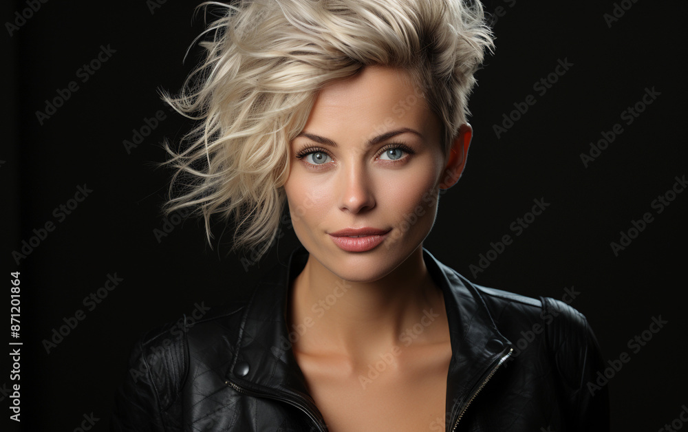 A close-up portrait of a beautiful woman in her 40s with short, blonde hair styled in a windblown look. She is wearing a black leather jacket and has a confident expression A close-up portrait of a beautiful woman in her 40s with short, blonde hair styled in a windblown look. She is wearing a black leather jacket and has a confident expression