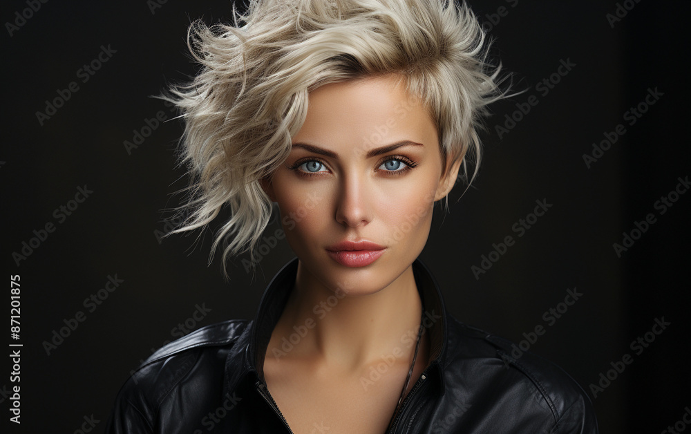 A close-up portrait of a beautiful middle-aged woman with short blonde hair, looking directly at the camera A close-up portrait of a beautiful middle-aged woman with short blonde hair, looking directly at the camera