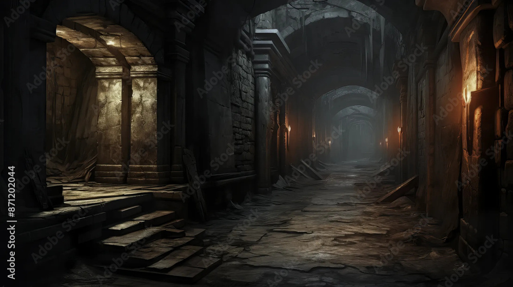 Dungeon corridor shrouded in mystery and shadows. Fantasy wallpaper Dungeon corridor shrouded in mystery and shadows. Fantasy wallpaper
