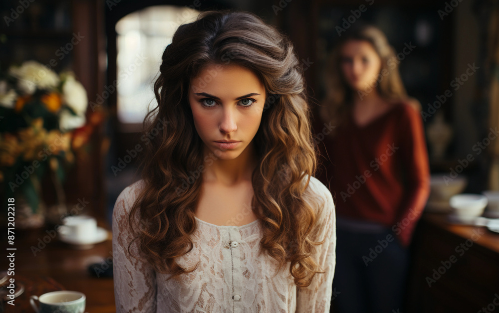 A close-up portrait of a young woman with long wavy brown hair looking upset in a rustic setting A close-up portrait of a young woman with long wavy brown hair looking upset in a rustic setting